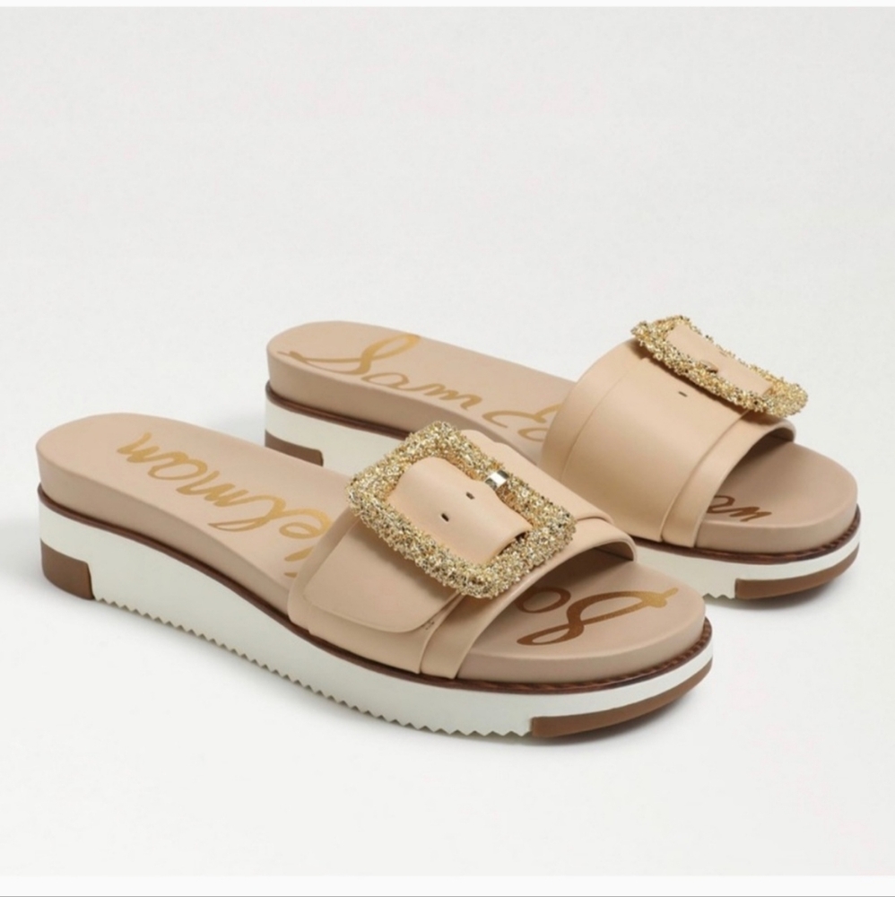 Sam Edelman Ariane 2 Leather Tan & Gold Slide Sandal - 9M - Picture 1 of 12